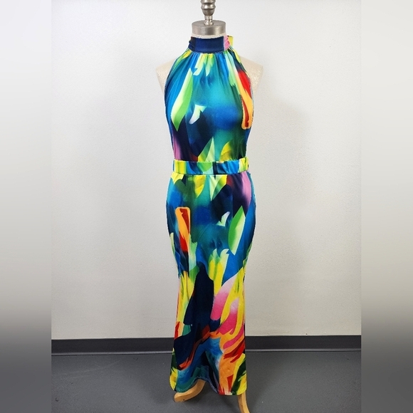 NWOT Backless Bold Vibrant Multicolor Maxi Dress, size Large - Picture 2 of 13